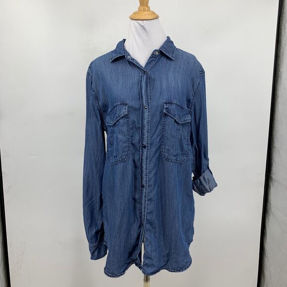 Rails Shirt Women L Large Blue Chambray Roll Tab Sleeve Snap Front Chest Pocket - Picture 2 of 11